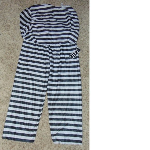 Convict Prisoner Halloween Costume OS Jailbird 3 Pc Black White Party Mens - Picture 2 of 5